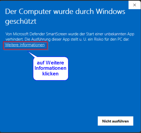 Windows-Sicherheitsfenster mit markiertem Link Weitere Informationen
