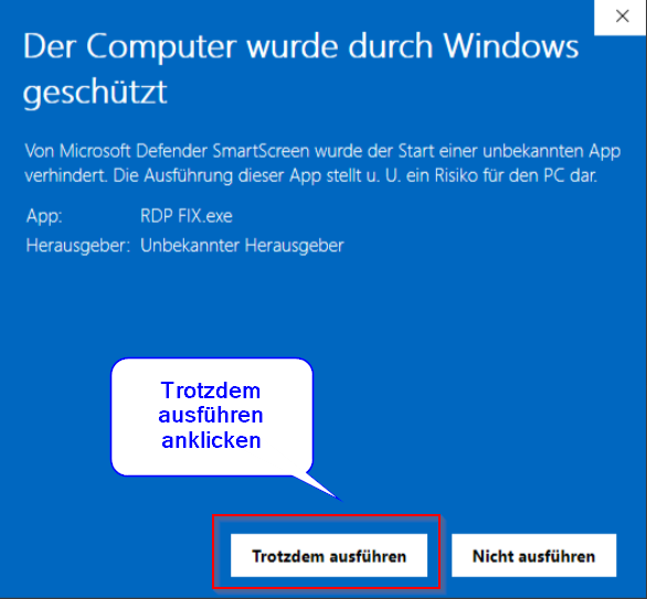 Windows-Sicherheitsfenster mit markierter Schaltfläche Trotzdem ausführen