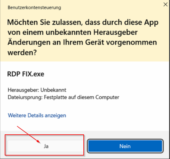 Benutzerkontensteuerung mit markierter Schaltfläche Ja