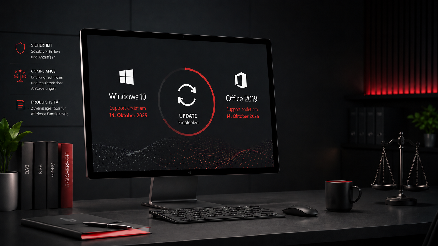 Abstrakter Kanzlei-Arbeitsplatz zum Support-Ende von Windows 10 und Office 2019